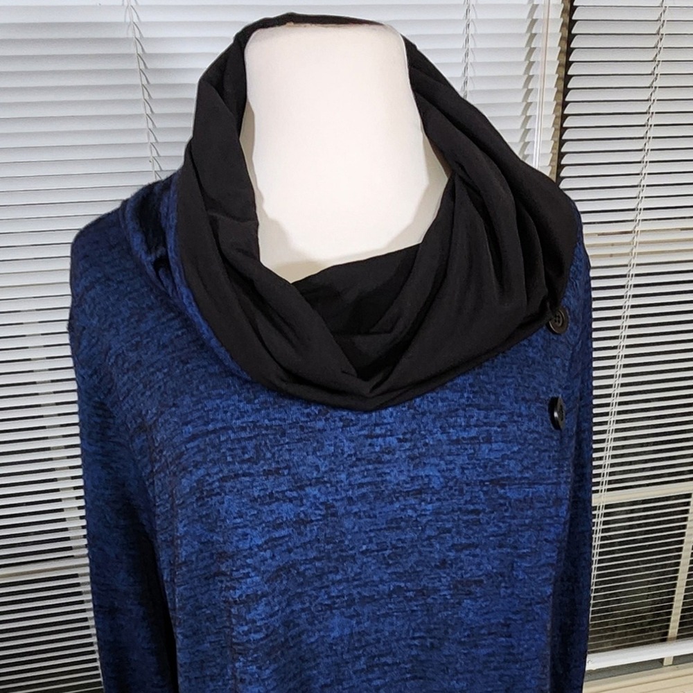 Ali Miles Large $89 Blue Black Heather Cowl Neck Button Shoulder Tunic Wrap Top - Picture 4 of 7